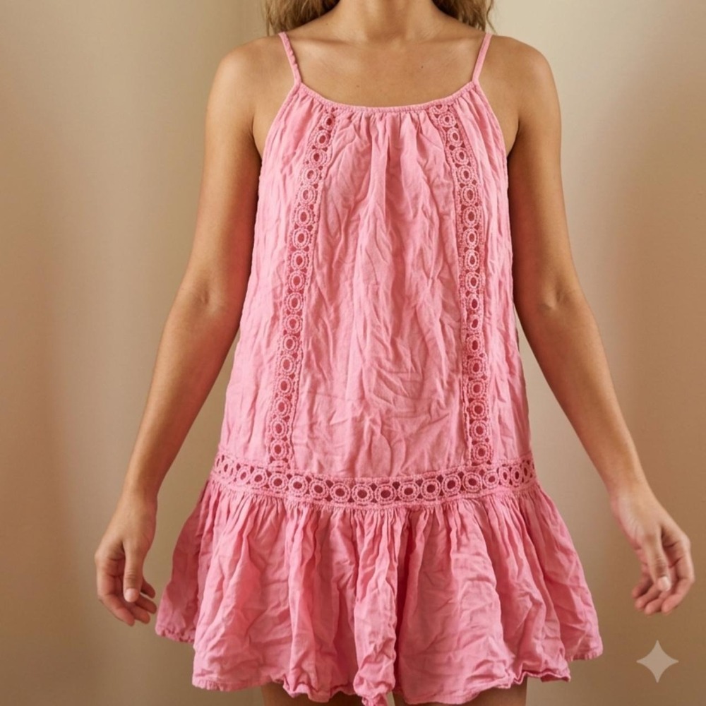 Hot Pink Crochet Trim Swing Cover Up Dress - Medium